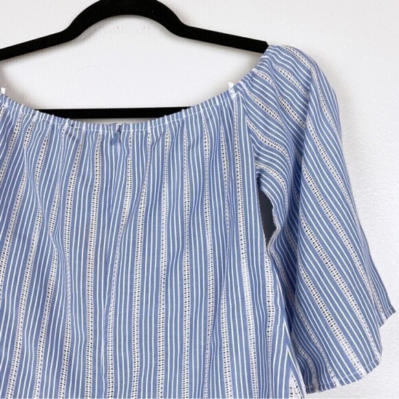 Lulu's Beyond Belief Blue Striped Knot Front Off-The-Shoulder Top Size S - Picture 6 of 10